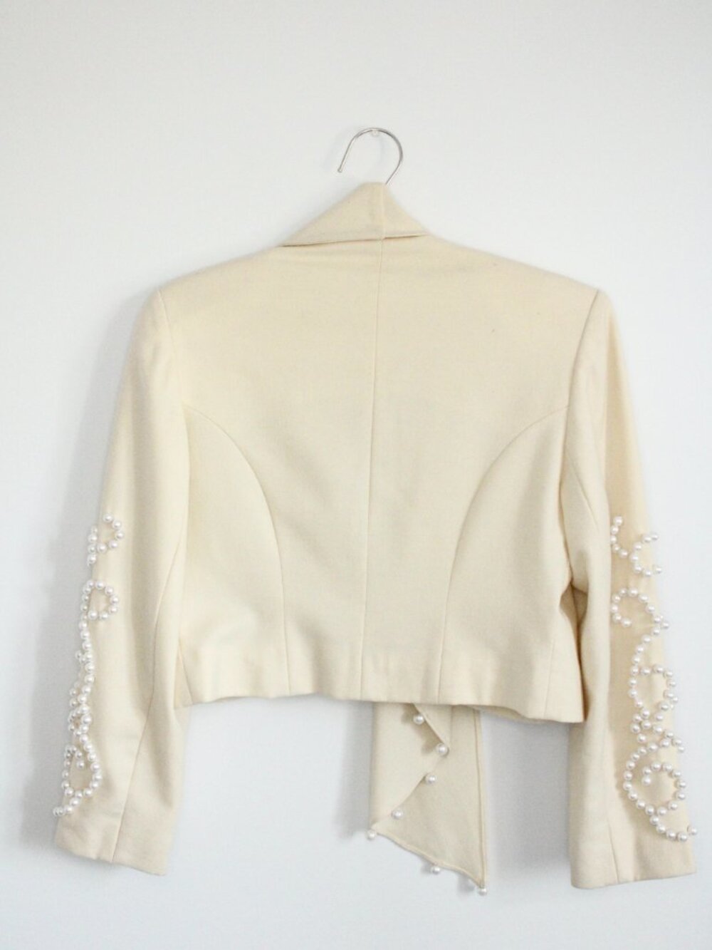 Cache Vintage Crop Blazer Womens SML Sz 1 Cream Wool Pearl Embroidered Coquette - Picture 2 of 4